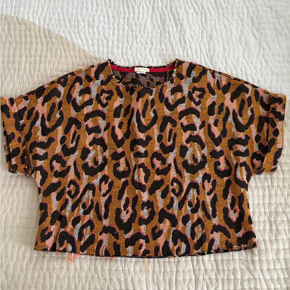 Anthropologie Short Sleeve Leopard Print Top in Brown, Black & Pink